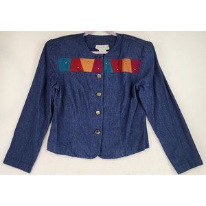 Megan Moore Jean Jacket Womens 12 Blue Denim Gold Beaded Southwestern Button Up